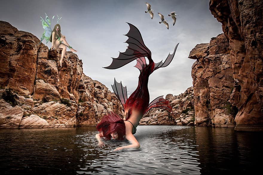 Mermaid, Fantasy, Water, Nature, Birds, women, men, adult, flying, one person, cliff