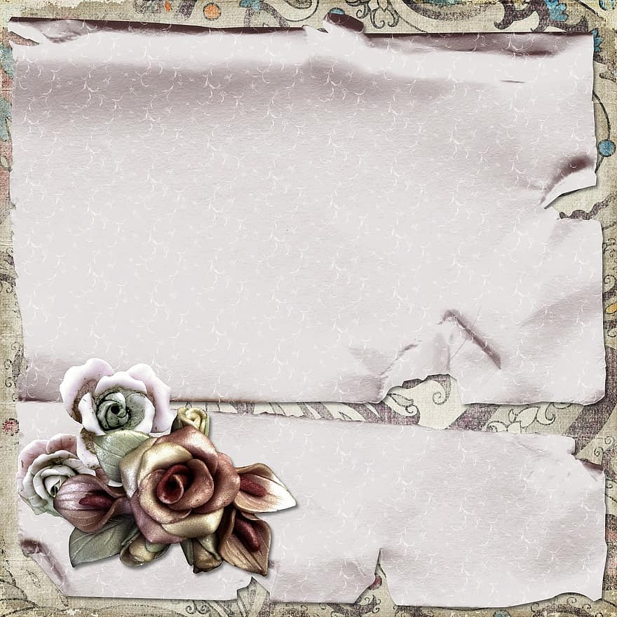 Scrapbook, Page, Craft, Grunge, Parchment, Background, Frame, Rose, Pink, Decoration, Flower