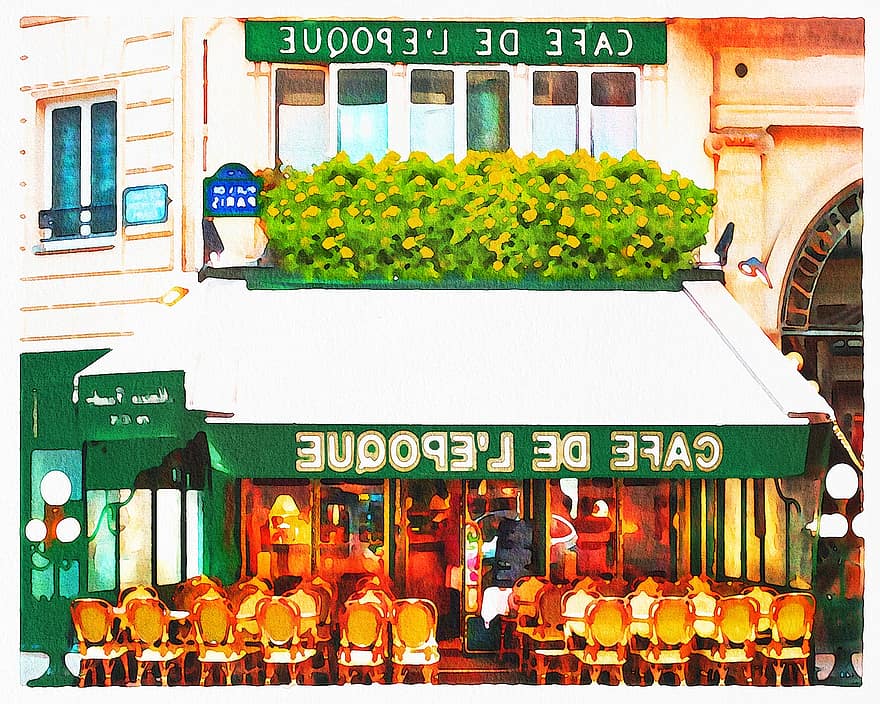 Aquarela Café, café de paris, bistro, restaurante, França, mesa, Europa, francês, café, cidade, calçada