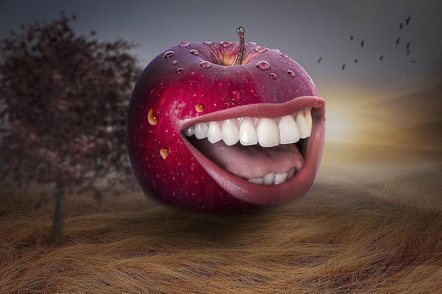manipulatie, appel, rode appel, hoogland, gras, landschap, vrouw, glimlach, herfst, boom