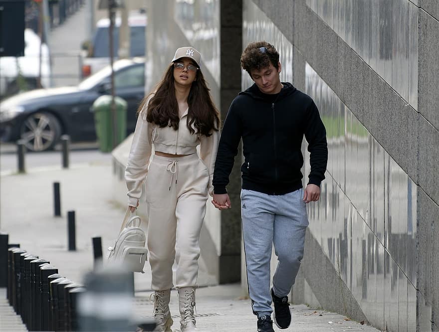 Couple, Walking, Together, Sidewalk, Street, Urban