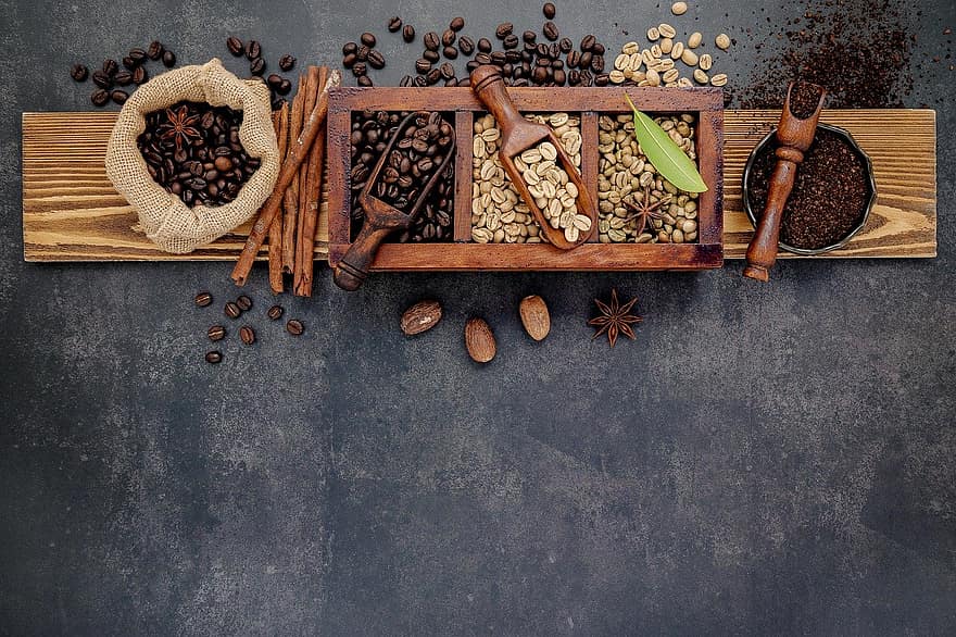 kaffebönor, platt låg, bakgrund, trä, arabica, bönor, jord, rostad, dryck, aromatisk, koffein