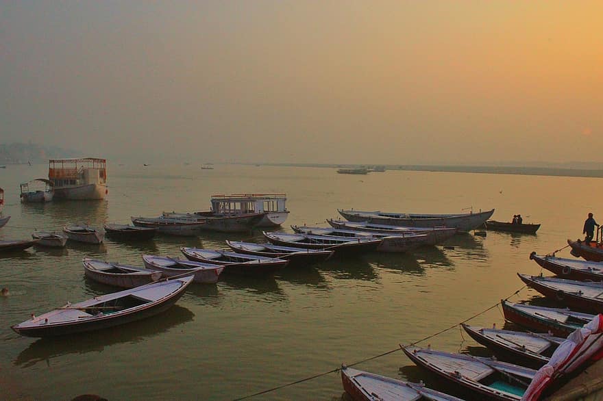 barcă, Ganga, râu, natură, apă, apus de soare, navă nautică, vară, litoral, călătorie, pescuit