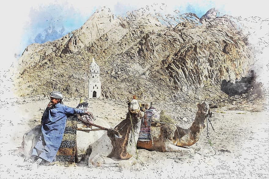 tuksnesis, beduīns, jaunieši, ieradums, turbāns, siltums, Ēģipte, kamieļi, tūrists, pievilcība, smiltis