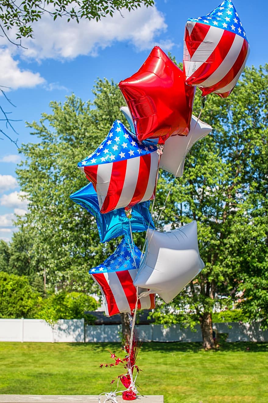 Balloons, Red, White, Blue, Usa, Patriotic, Blue Sky, Clouds, Decoration, Colorful, Happy