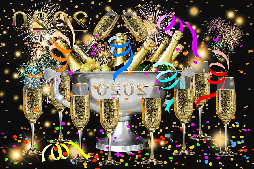 Véspera de Ano Novo, dia de Ano Novo, 2020, volta do ano, comemoro, festival, bebida, confinar, sorte, champanhe, meia noite