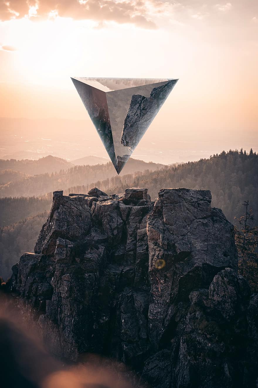 Pyramid, Mountains, Upside Down Pyramid, Landscape, Cliffs, Summit, Surreal, Fantasy, Digital Manipulation