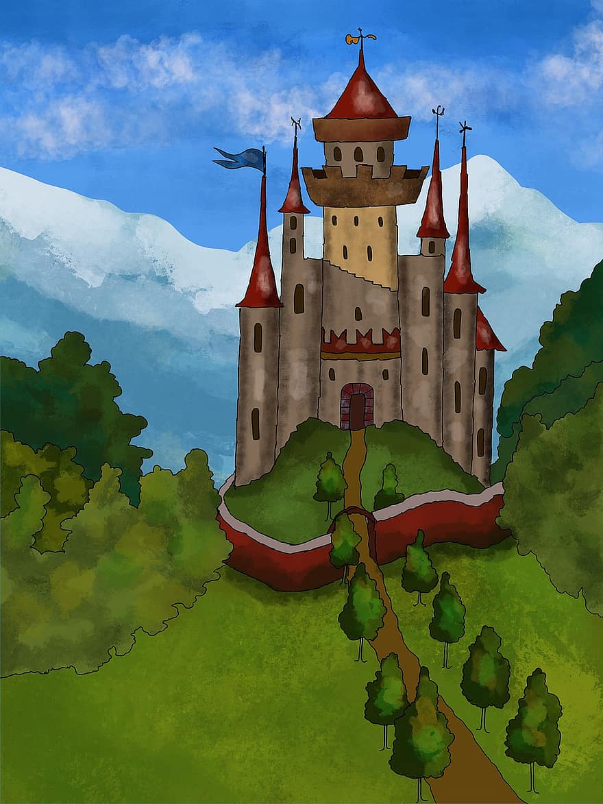 замък, приказка, дворец, небе, рицар, сграда, крепост, фантазия, пейзаж, гори, гора