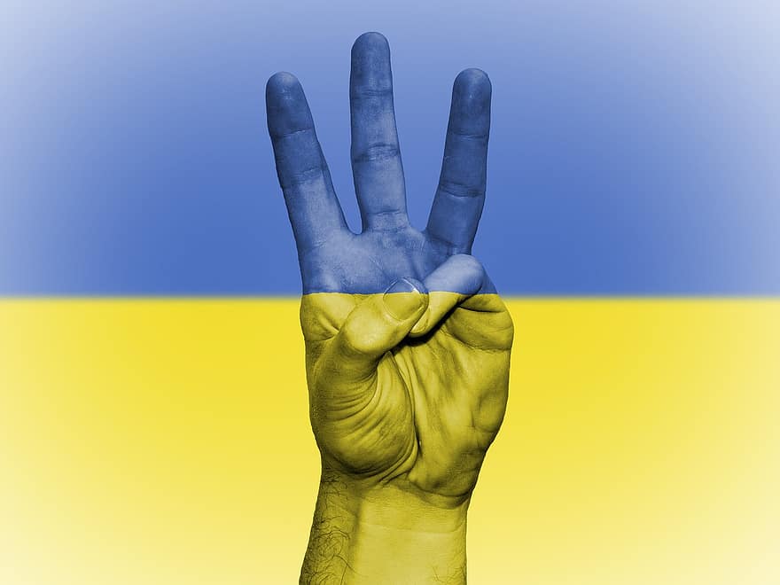 Ucrânia, bandeira, mão, símbolo, ucraniano, patriotismo, mão humana, sucesso, placa, gesticulando, marco nacional