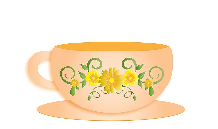 puodelis, lėkštė, puodelis ir lėkštutė, niekas, didelis, dekoratyvinis, oranžinė, gėlių, gėlės, menas, „scrapbooking“