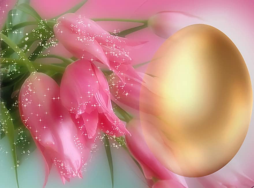 húsvéti tojás, arany tojás, tulipán, rózsaszín, üdvözlőlap, romantikus, Arany, háttérrel, rózsaszín szín, virág, közelkép