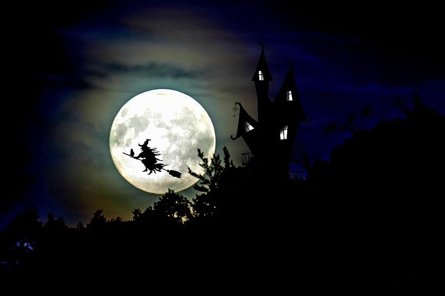 la sorcière, maison de sorcière, pleine lune, contes de fées, bizarre, terrifiant, silhouette, surréaliste, hexenbesen, nuit, mystique