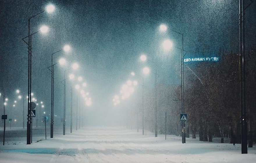 ulica, śnieg, mgła, noc, światła, zimowy, zimno, opady śniegu, lód, mróz