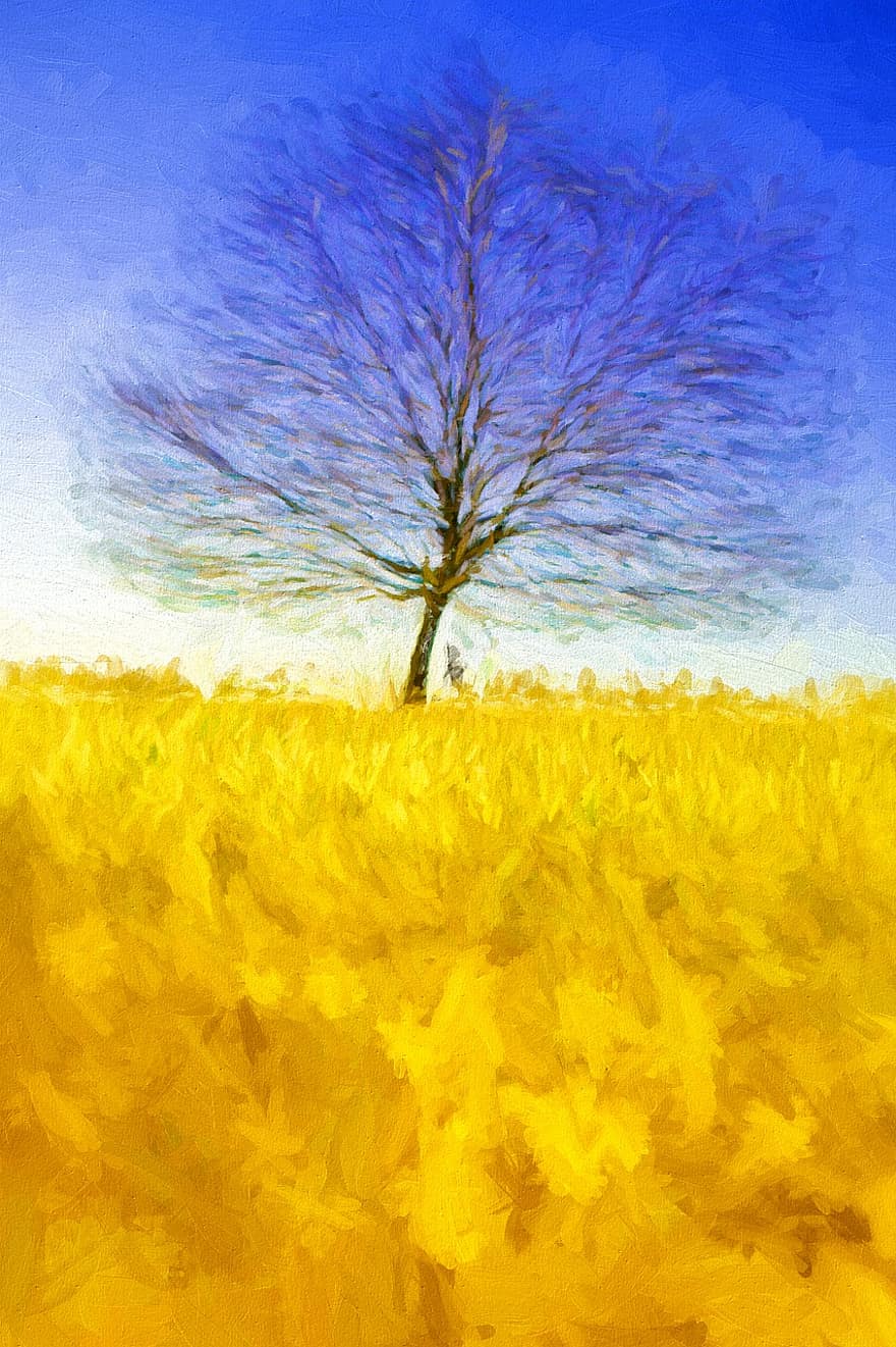 albero, d'oro, blu, pittura, autunno, luminosa, colorato, sole, natura, paesaggio, retroilluminazione