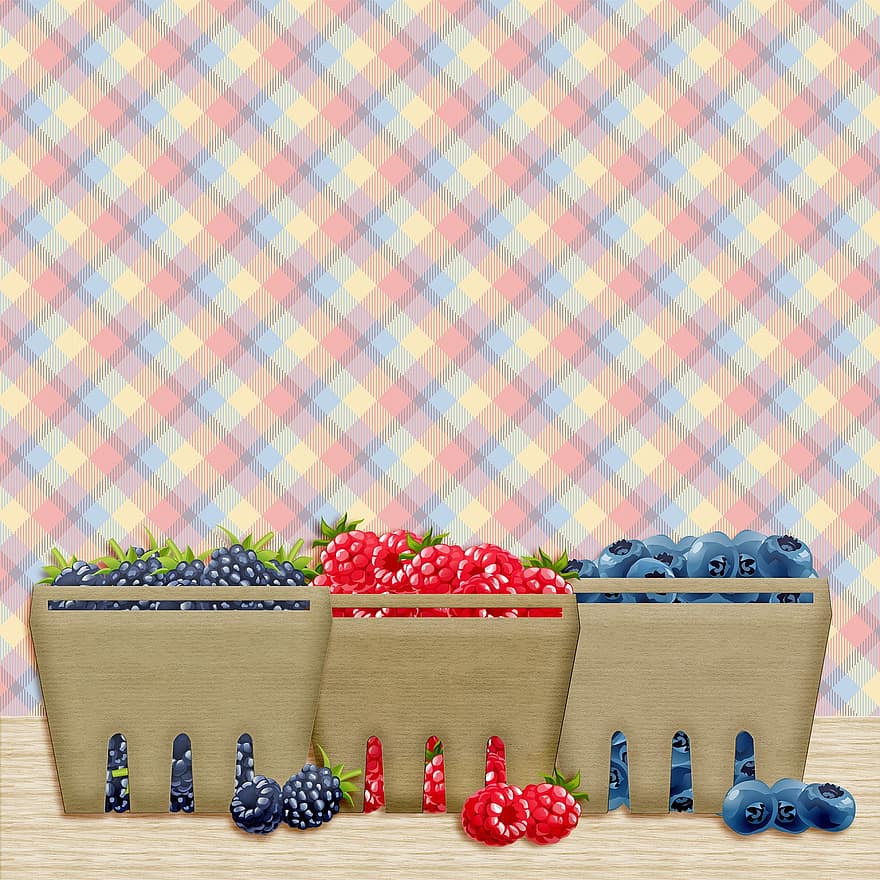 Bær baggrund, digitalt papir, bær, hindbær, blåbær, brombær, kurve, mønster, Skov, parti, frugt