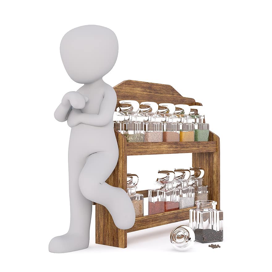 Purchasing, Food, Spices, Spice Rack, Salt, Pepper, Healthy, Cook, White Male, 3d Model, Isolated