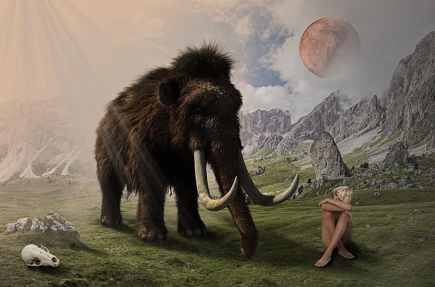 kvinne, mammut, elefant, måne, dyr, pattedyr, skjelett, Dolomittene, Seceda, fjell, Alpene