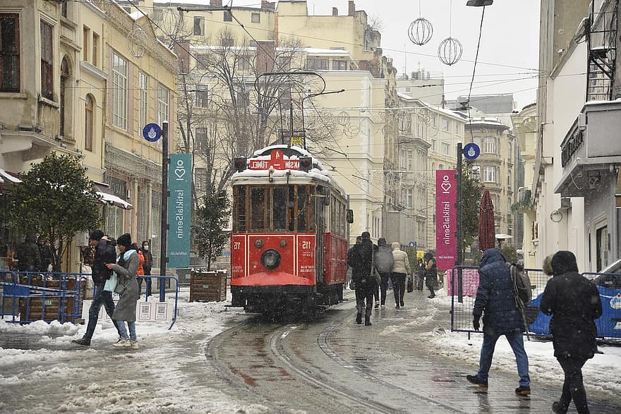 Tram, Street, Winter, City, Downtown, Transportation, Travel, snow, city life, cable car, cultures