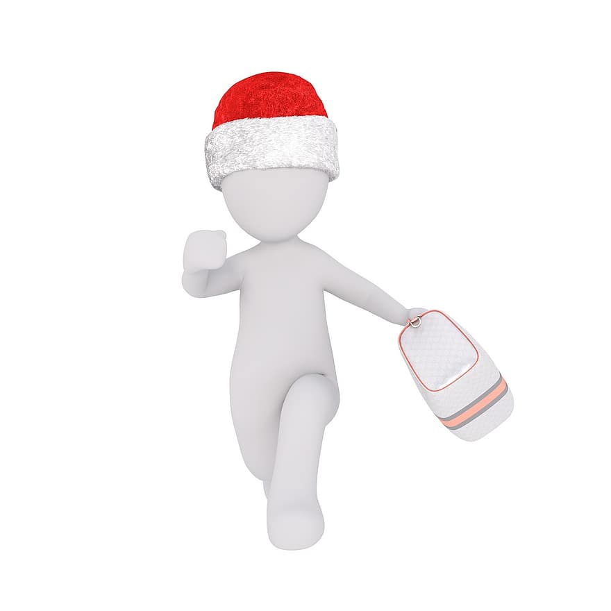 hvid mand, 3d model, isolerede, fuld krop, hvid, jul, santa hat, 3d, human, håndtaske, bære