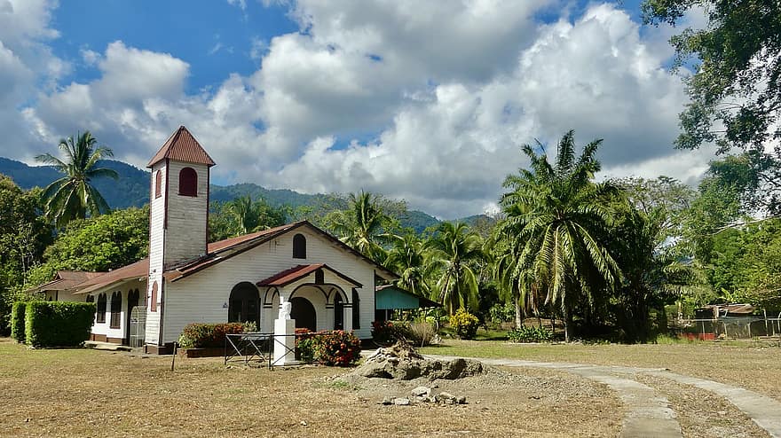 kerk, stad-, kokosnoot, Costa Rica, centraal Amerika, eiland, natuur, architectuur, religie, zomer, Christendom
