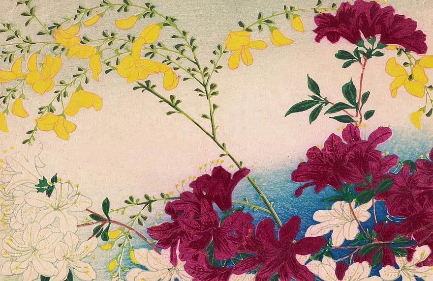 acquerello, arte, pittura, Vintage ▾, giapponese, natura, piante, botanica, botanico, fiori, floreale