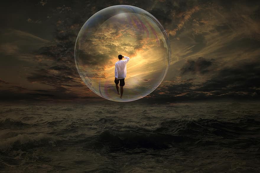 fantasie, bubbel, man, zeeën, water, horizon, zeepbel, menselijk, vlotter, droom