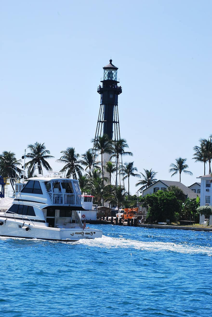 Lighthouse, Boat, Palm Tree, Water, Sea, Bay, Ocean, Outdoors, vacations, nautical vessel, summer