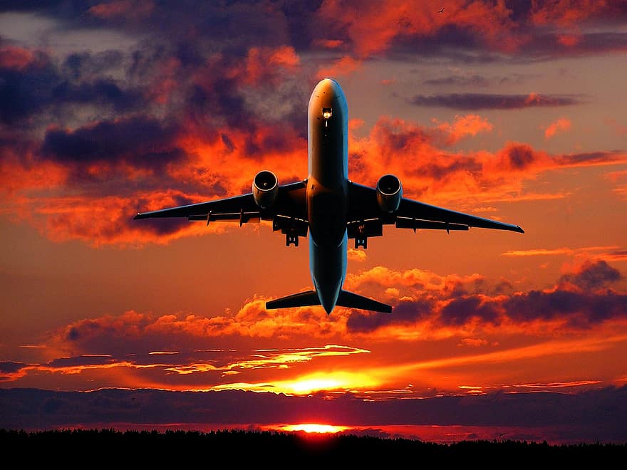 szállítás, napnyugta, felhők, repülőgép, repülési, fény, éjszaka, szürkület, logisztika, vonal