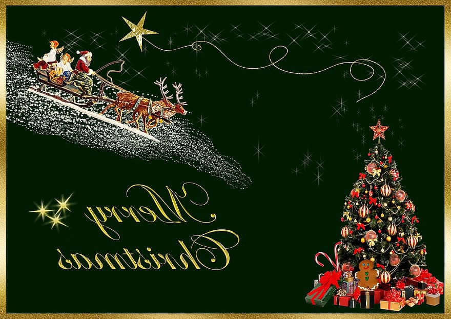 julkort, god Jul, julhälsning, grön, guld-, gran, glida, stjärna, festlig, dekorerad, gåvor