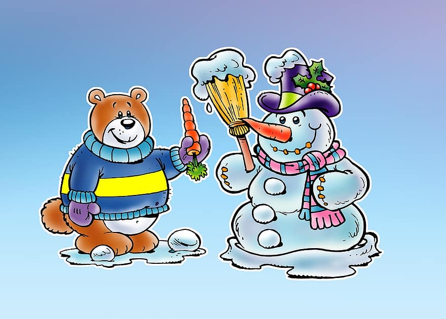 겨울, 눈사람, 곰, 눈, 크리스마스, 귀엽다, 감기, 애정, 행복, 화이트