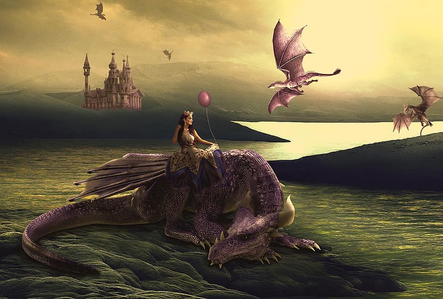dragoni, prinţesă, castel, fantezie, de basm, femeie, râu, natură, mistic, seara starea de spirit