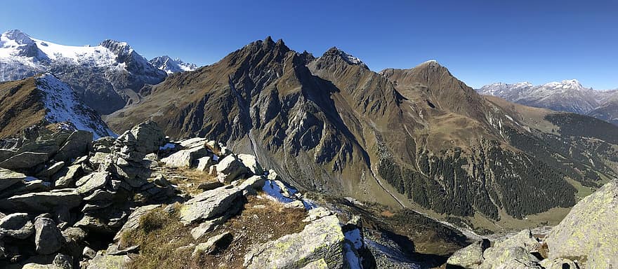 Panorama fra Piz Ault, alpine rute, Alperne, gå, himmel, toppe, udflugter, vandring, bjerge, natur, skyer