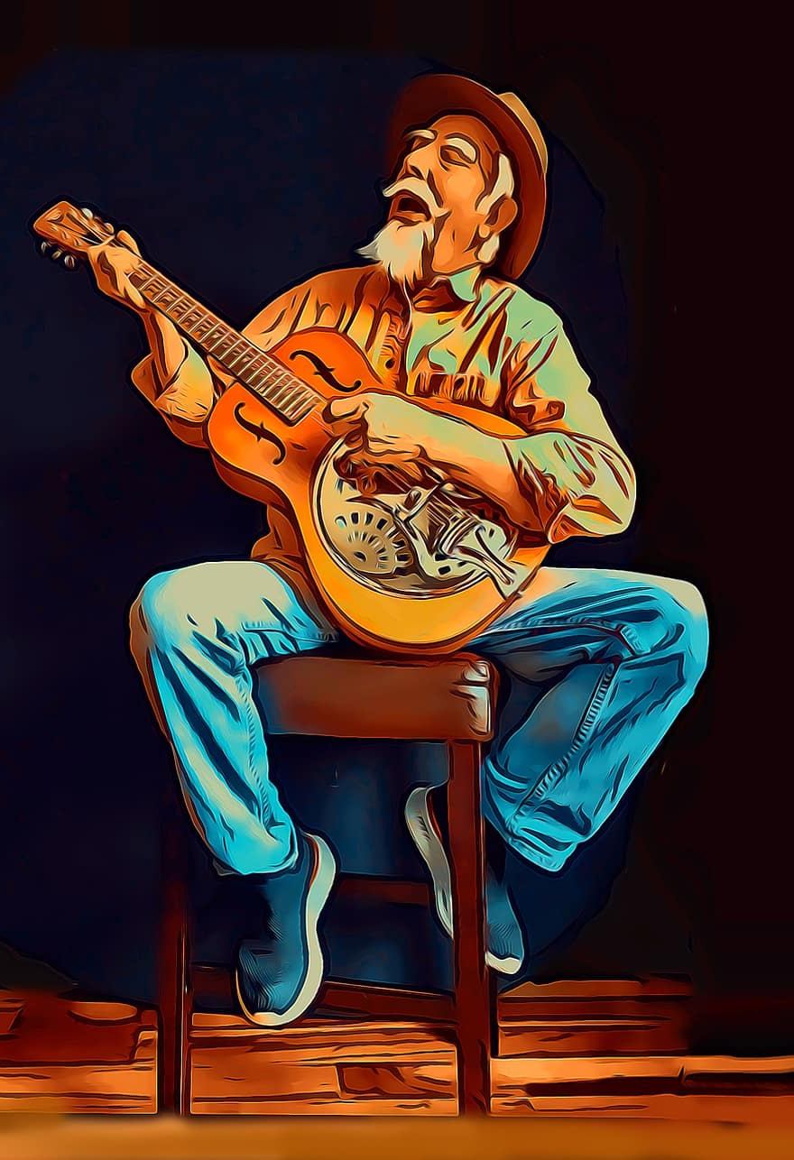 kytarista, kytara, malování, starý muž, blues, dobro, hudba, Blues Man, Starý Muž Hrající Blues