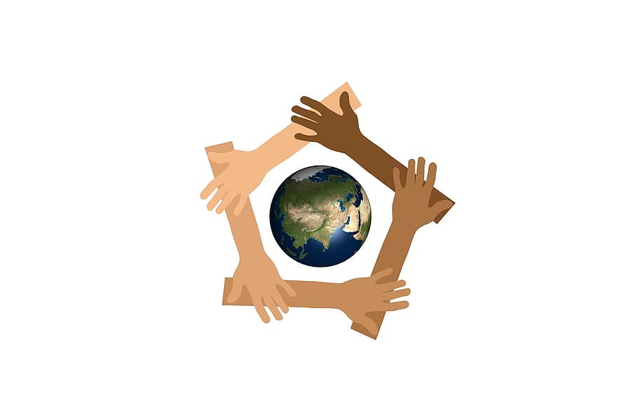 Erde, Hände, Einheit, Vielfalt, Konzept, Gemeinschaft, Globus, Stärke, Zusammenspiel