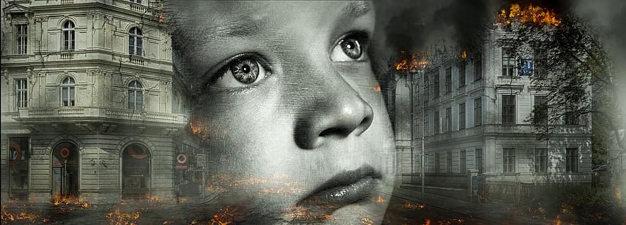 बच्चा, युद्ध, विनाश, विस्फोट, असैनिक, आंखें, आग, जलती हुई ईमारत, बर्निंग सिटी, विनाशकारी घटना, उदास