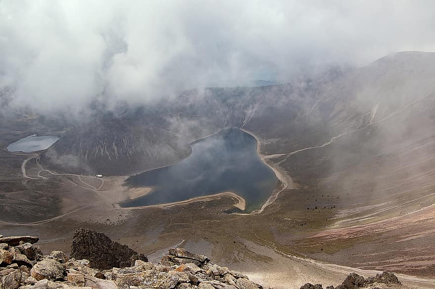 Nevado de toluca, 분화구, 흐린, 호수, toluca, 경치, 안개, 산들, 멕시코, 풍경화, 화산
