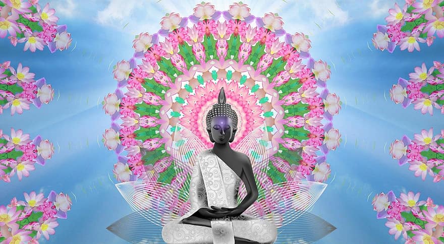 meditacija, joga, dvasinis, buddha, mandela, spalvinga, magija, atsipalaiduoti, medituoti, taikūs, gėlės