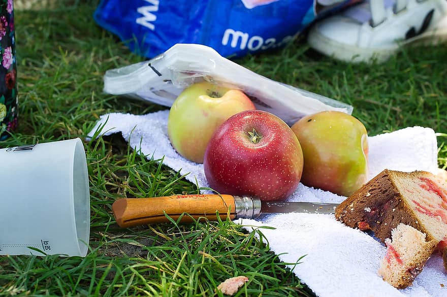piknik, jabłka, jedzenie, posiłek, nóż