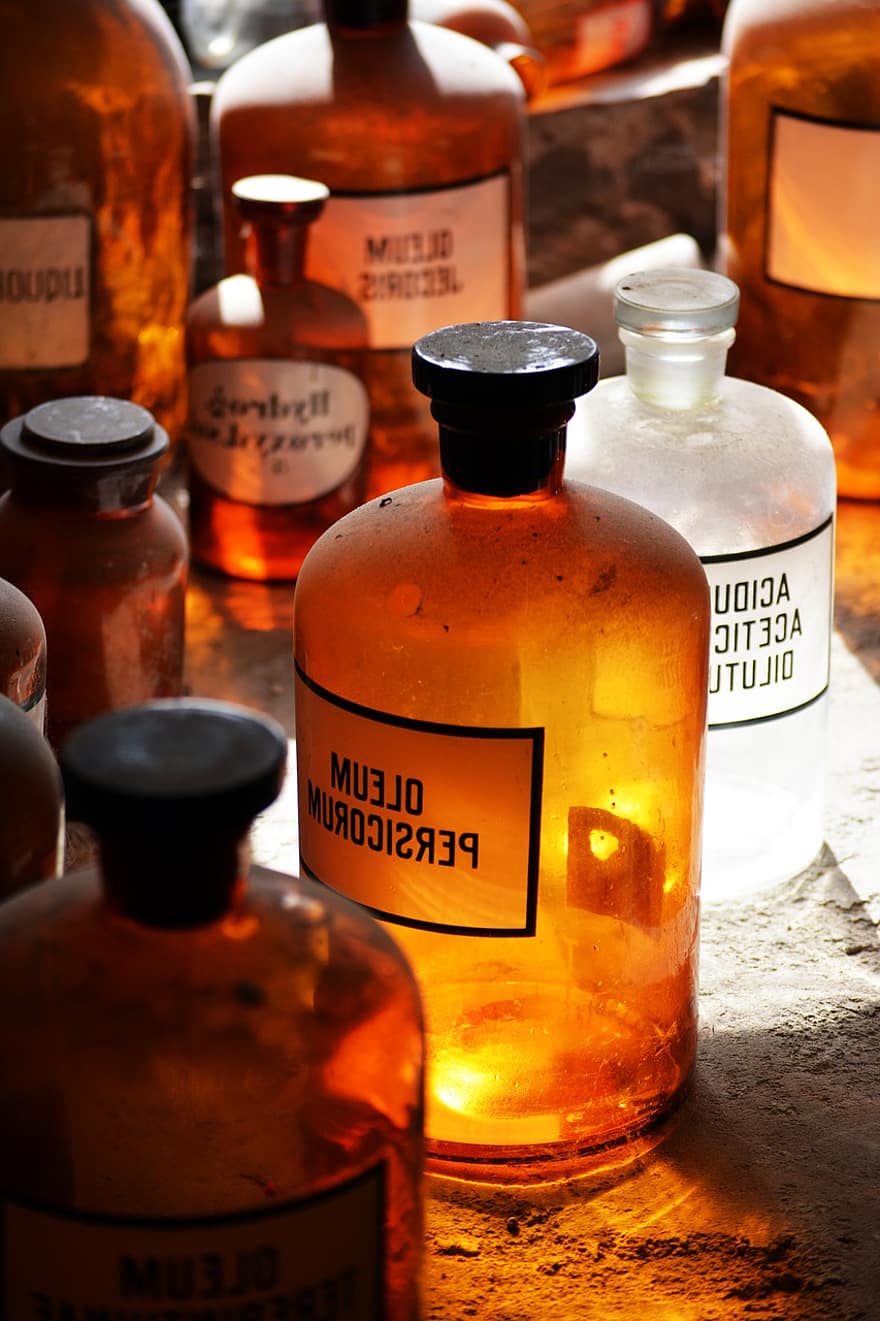 زجاجات ، الدواء ، مقابل ، زجاج ، صيدلية ، قديم ، الأدوية ، كيمياء ، مكونات ، علم ، في العصور الوسطى