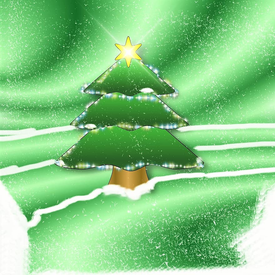 ель, звезда, снег, рождество, зима, Рождественская открытка, Рождественская елка