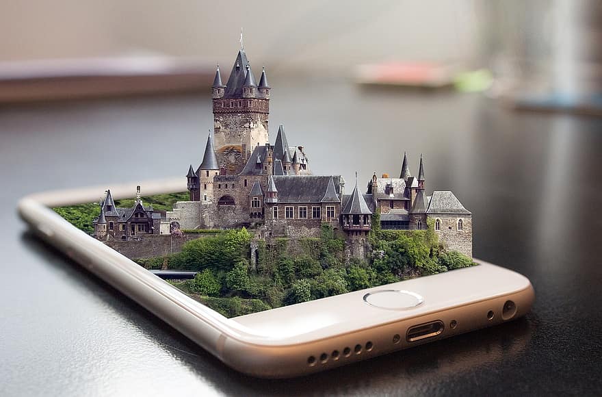 linna, älypuhelin, iphone, lisätty todellisuus, hologrammi
