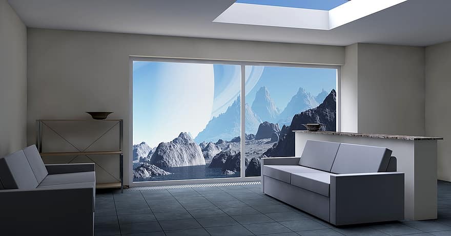 kamar, Dengan Pemandangan, saturnus, ruang, jendela depan, ruang keluarga, utopia, 3d, rendering
