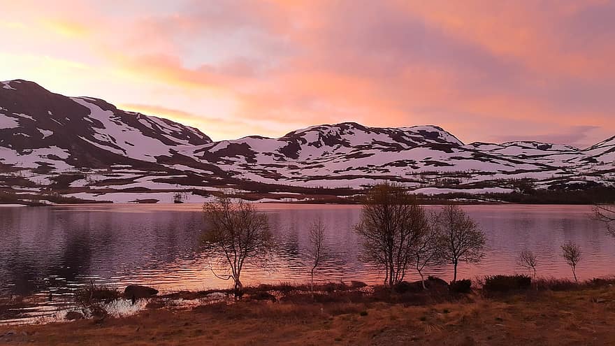 gökyüzü, göl, peyzaj, romantik, bulutlar, yansıtma, akşam, dağ, Norveç