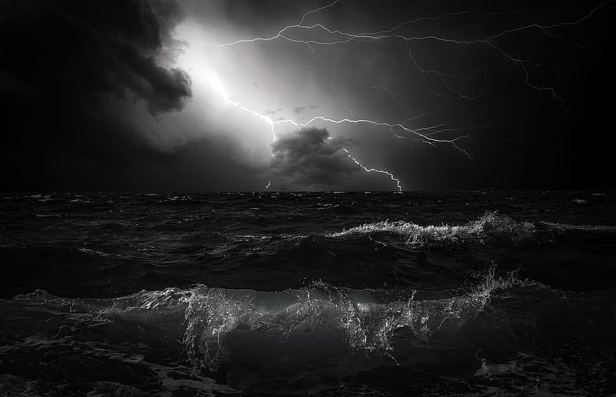 vågor, hav, åskväder, natthimlen, storm, stormiga himmel, stormiga hav, blixt-, blixt, mörk, väder