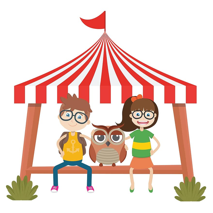 Amusement Park, Owl, Tent, The Flag, Friend, Camp, Illustration, Kids, Clipart, Graphics, Materials