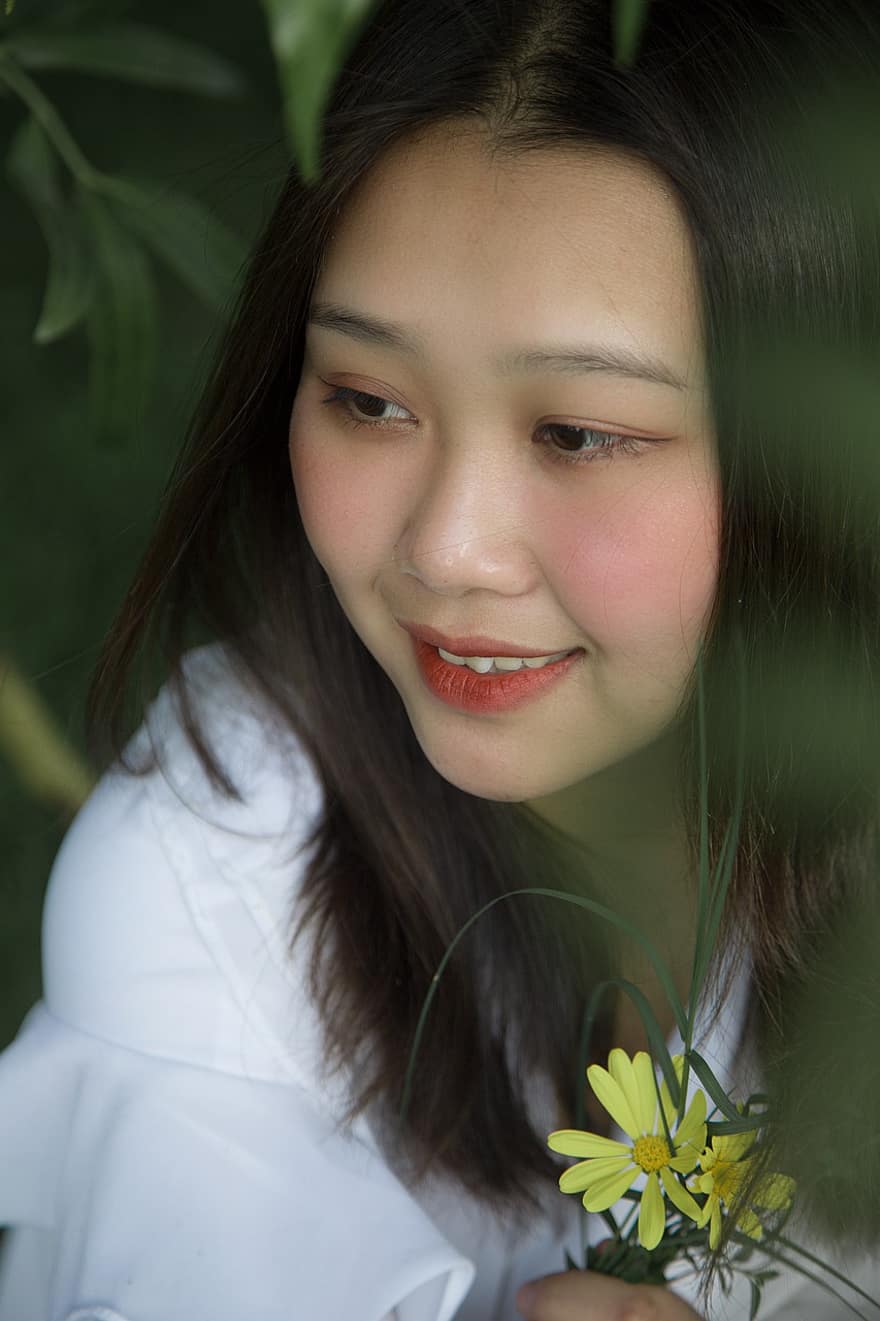 азіатські жінки, хризантема, портрет, квітка, жінка