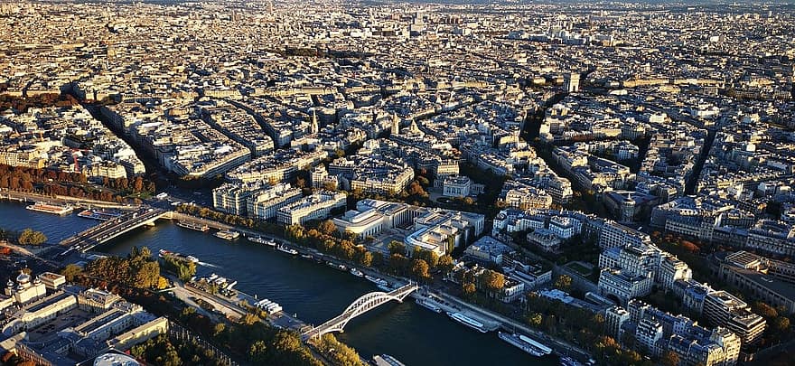 Parīze, pilsēta, upe, pilsētas ainava, gaisa skats, augsts leņķa skats, slavenā vieta, arhitektūra, ārā, ceļojumu galamērķi, pilsētas panorāma