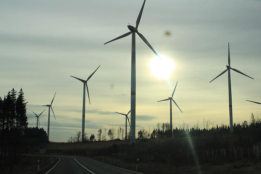 Windräder, Windkraft, Windmühle, Straße, Energie, Umgebung