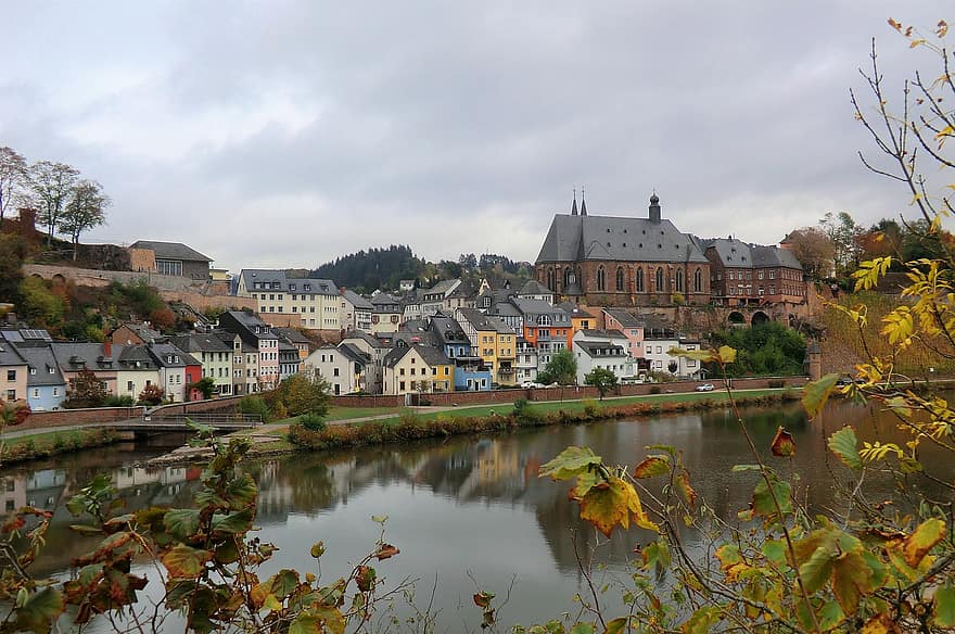 Houses, Buildings, River, Church, City, Architecture, Saint Laurentius Church, Saarburg, Saar River, Cityscape, autumn