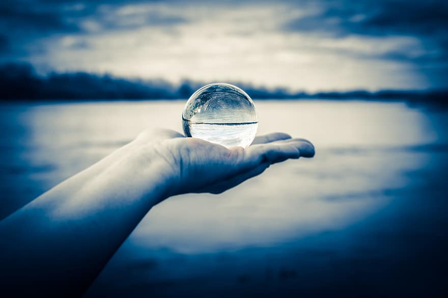 eau, rivière, globe de verre, sphère, main humaine, bleu, en portant, fermer, environnement, réflexion, transparent